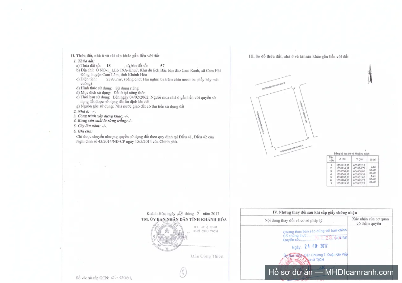 Trang II Giấy chứng nhận quyền sử dụng đất dự án MHDI Cam Ranh — đất ở tại nông thôn, ổn định lâu dài