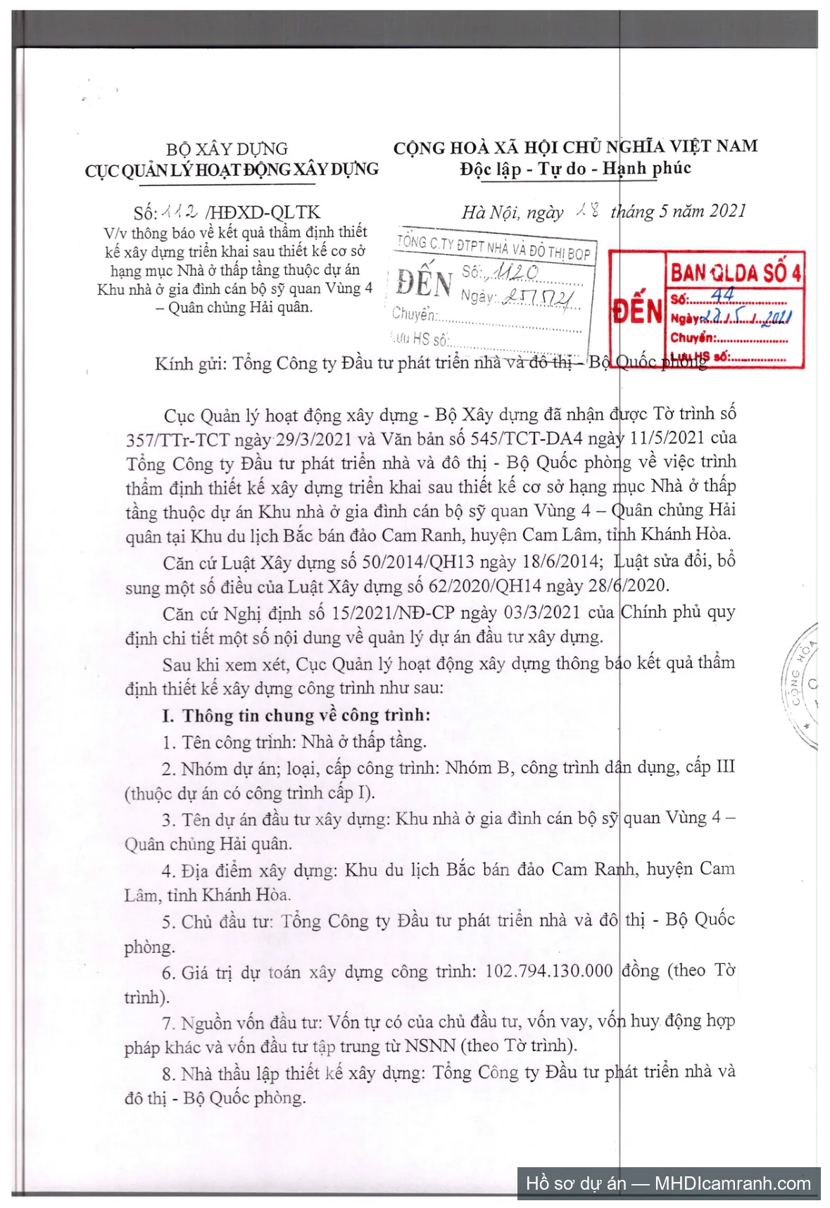 Thông báo 112/HĐXD-QLTK của Bộ Xây dựng về kết quả thẩm định thiết kế xây dựng MHDI Cam Ranh
