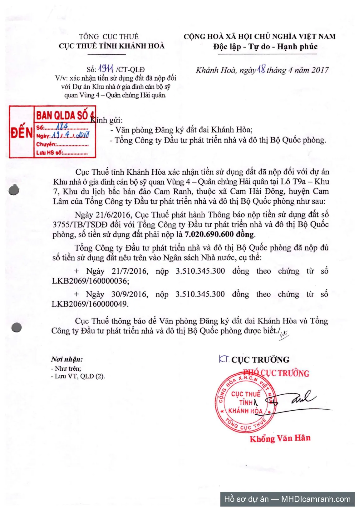 Văn bản 1911/CT-QLĐ Cục Thuế Khánh Hòa xác nhận MHDI đã nộp đủ tiền sử dụng đất