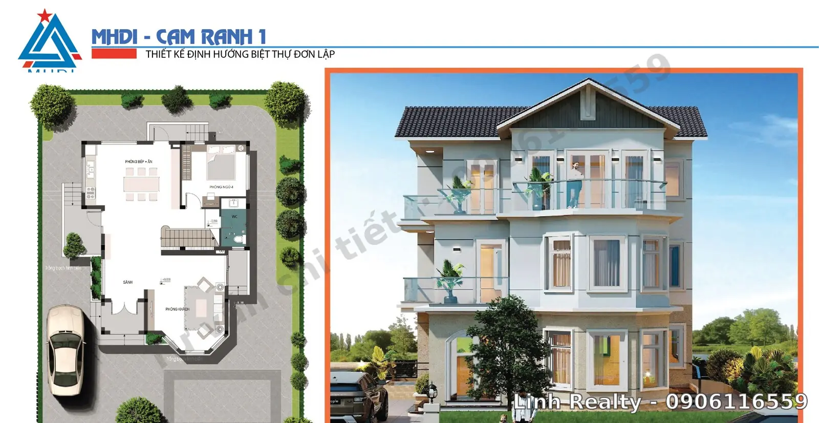 Thiết kế biệt thự đơn lập MHDI Cam Ranh – mặt bằng công năng và phối cảnh 3 tầng
