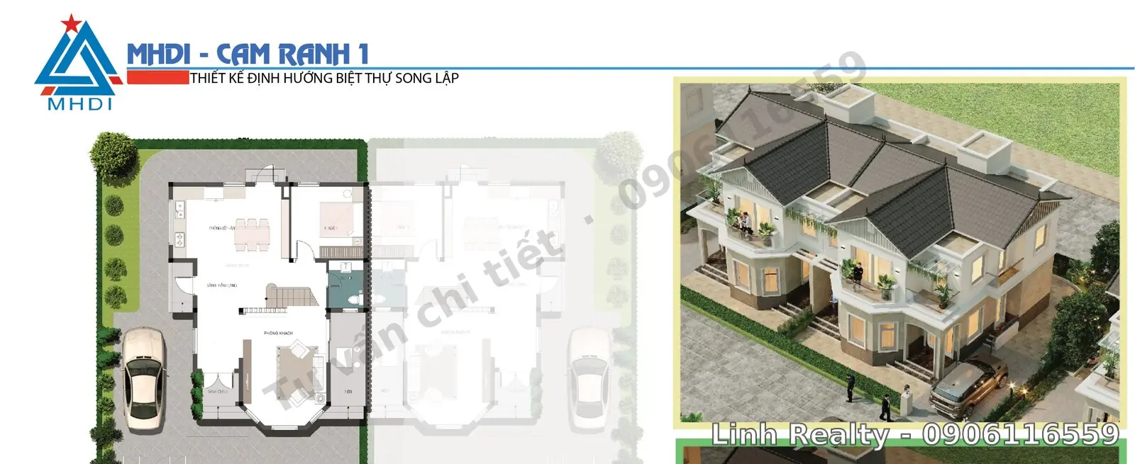 Thiết kế biệt thự song lập MHDI Cam Ranh – mặt bằng công năng và phối cảnh 2 tầng