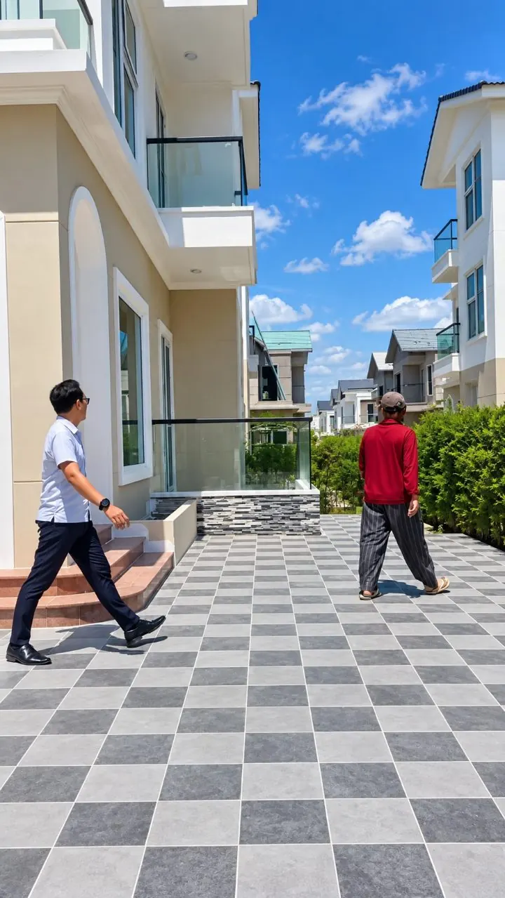 Chuyên viên dẫn xem sân trước căn song lập