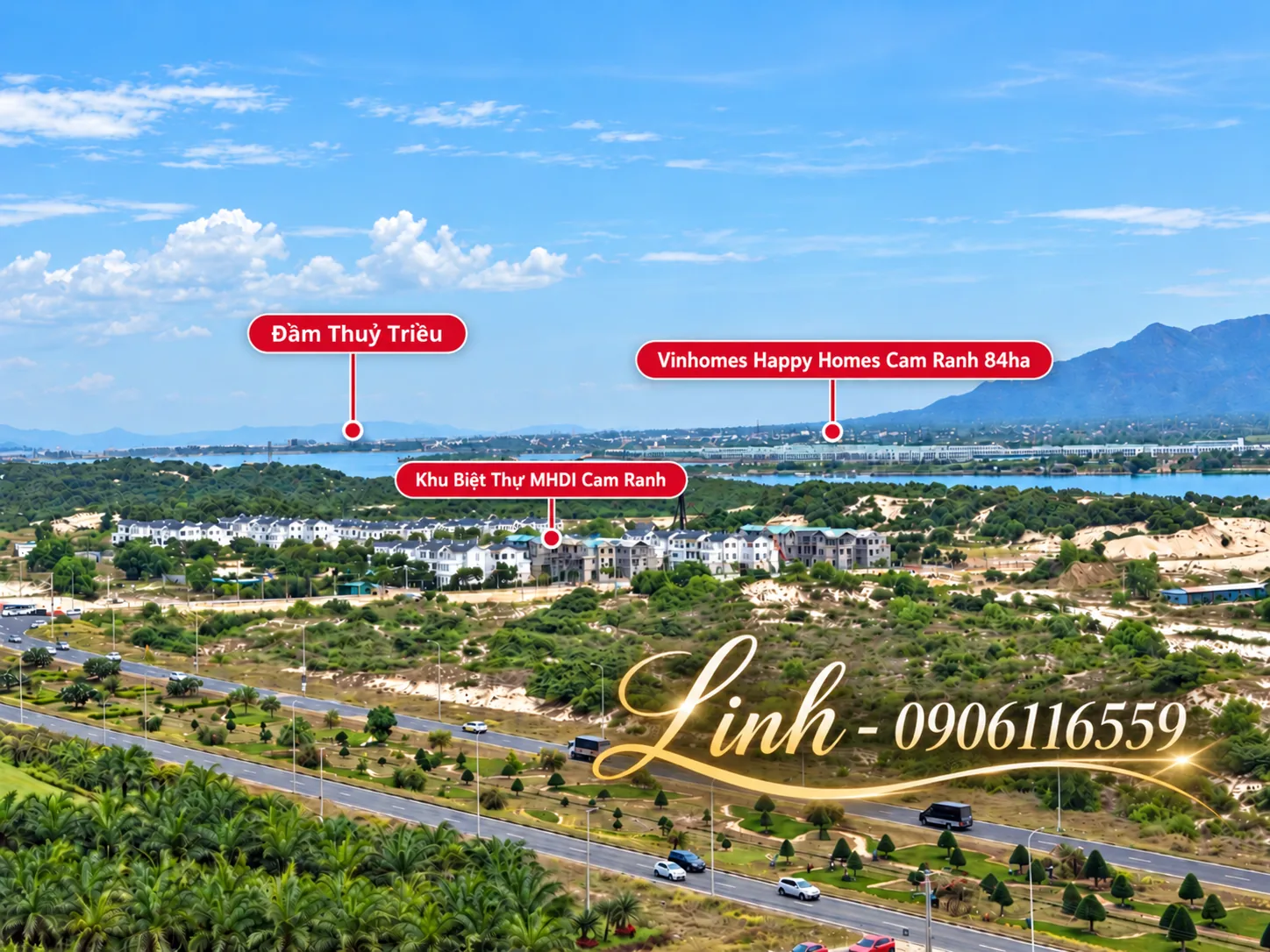 Đại lộ Nguyễn Tất Thành đoạn qua Bãi Dài, phía sau là khu biệt thự MHDI Cam Ranh, đầm Thủy Triều và Vinhomes Happy Homes Cam Ranh