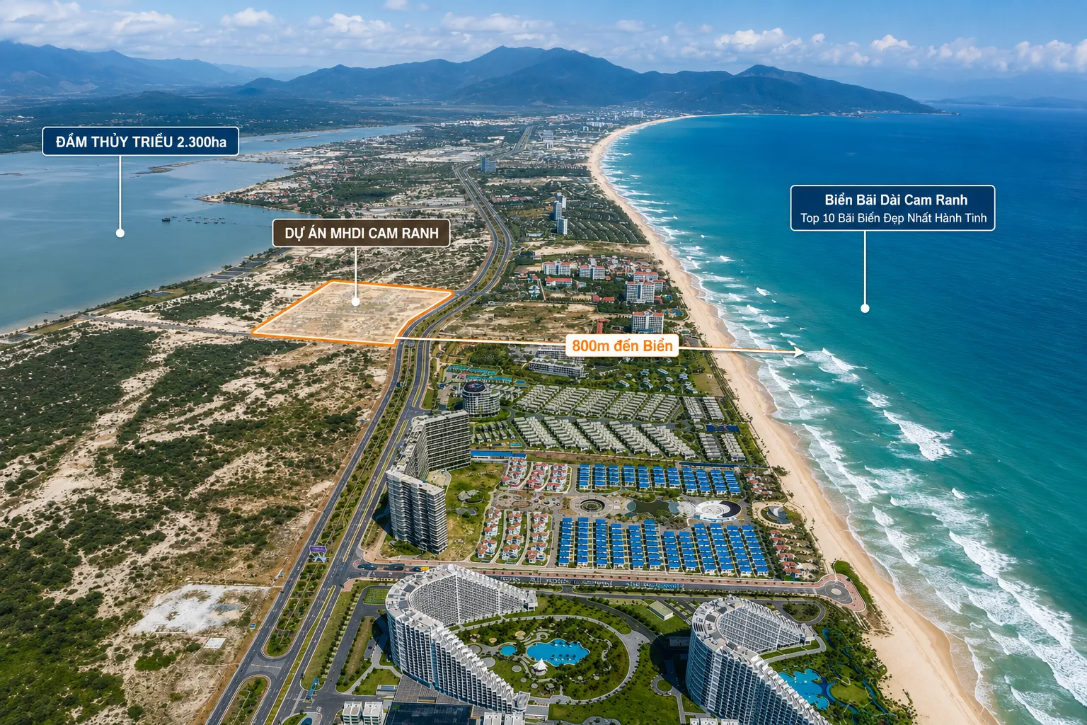 Ảnh flycam vị trí dự án MHDI Cam Ranh — cách biển Bãi Dài 800m, bên Đầm Thủy Triều 2.300ha, sát dải resort Bãi Dài Cam Ranh